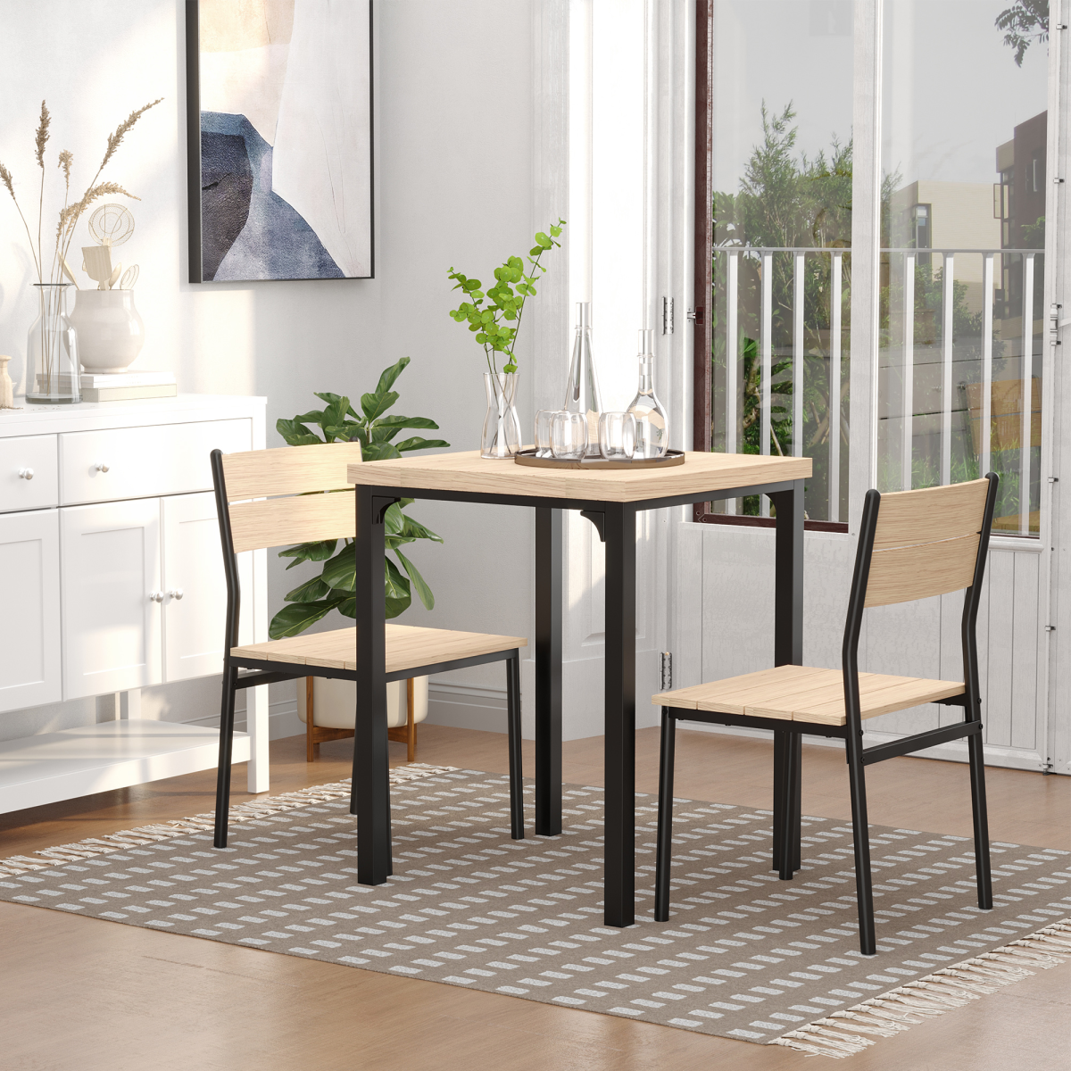 Compact 3-Piece Dining Set with Table & 2 Chairs – Wood-Effect Tops, Metal Legs, Small Spaces