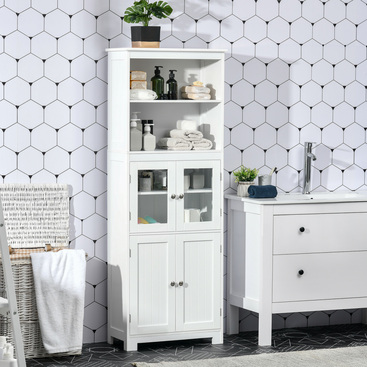 HOMCOM Kitchen Cupboard Storage Cabinet with Glass Doors & Adjustable Shelves – Pantry & Display Unit, White