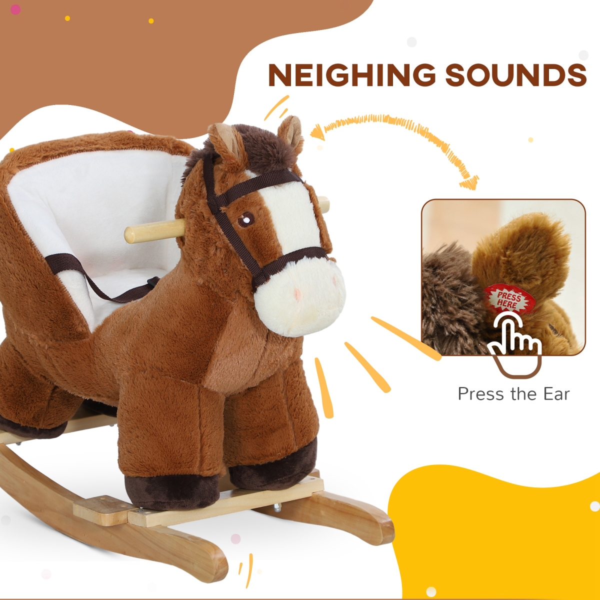 AIYAPLAY Kids Rocking Horse with Neighing Sounds, Safety Belt and Footrest – Toddler Ride On, Brown