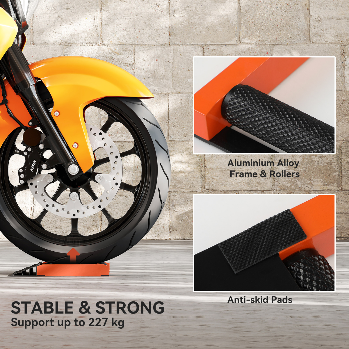 HOMCOM Motorcycle Wheel Roller Stand with Ramp – Aluminium Tyre Cleaning & Chain Lubrication Stand, 227kg Capacity