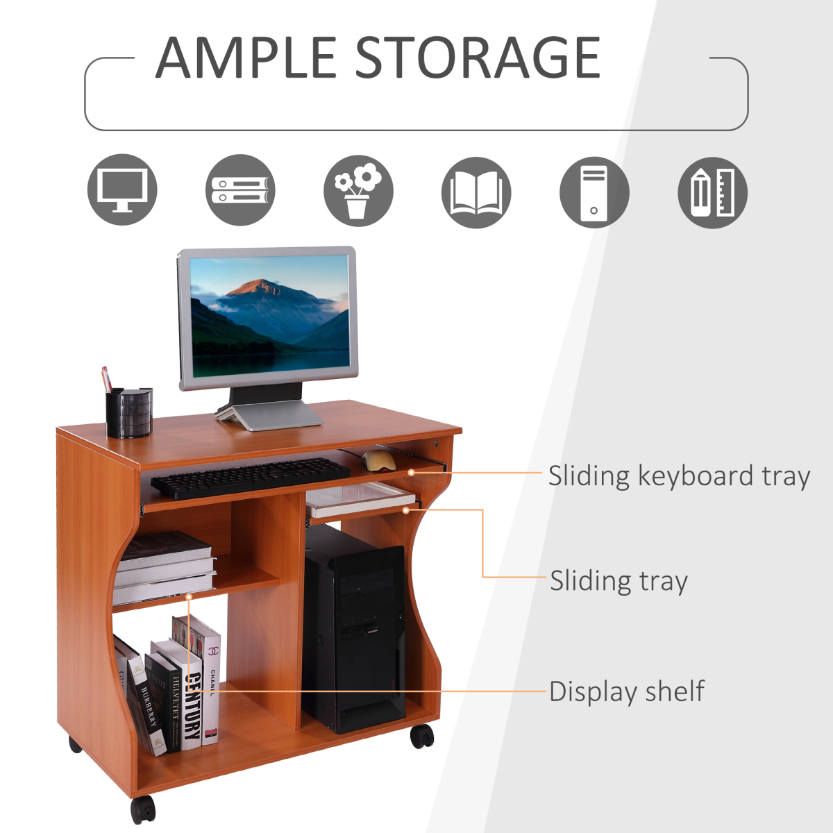 HOMCOM Computer Desk with Wheels, Pull-Out Keyboard Tray and Shelves – Mobile Laptop Writing Table, Cherry Wood