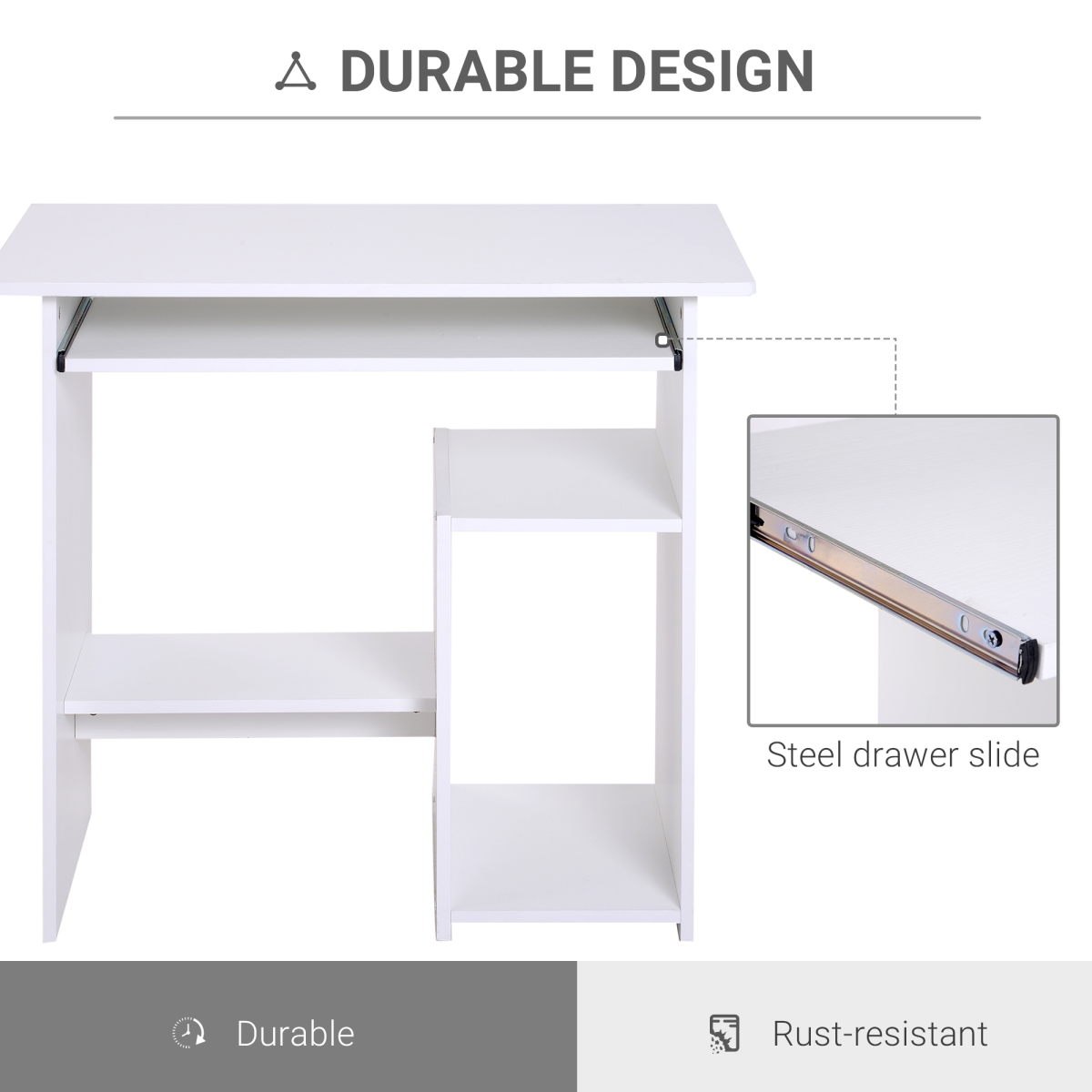 HOMCOM Compact Computer Desk with Slide-Out Keyboard Tray and Two Shelves – Melamine Home Office Desk, White