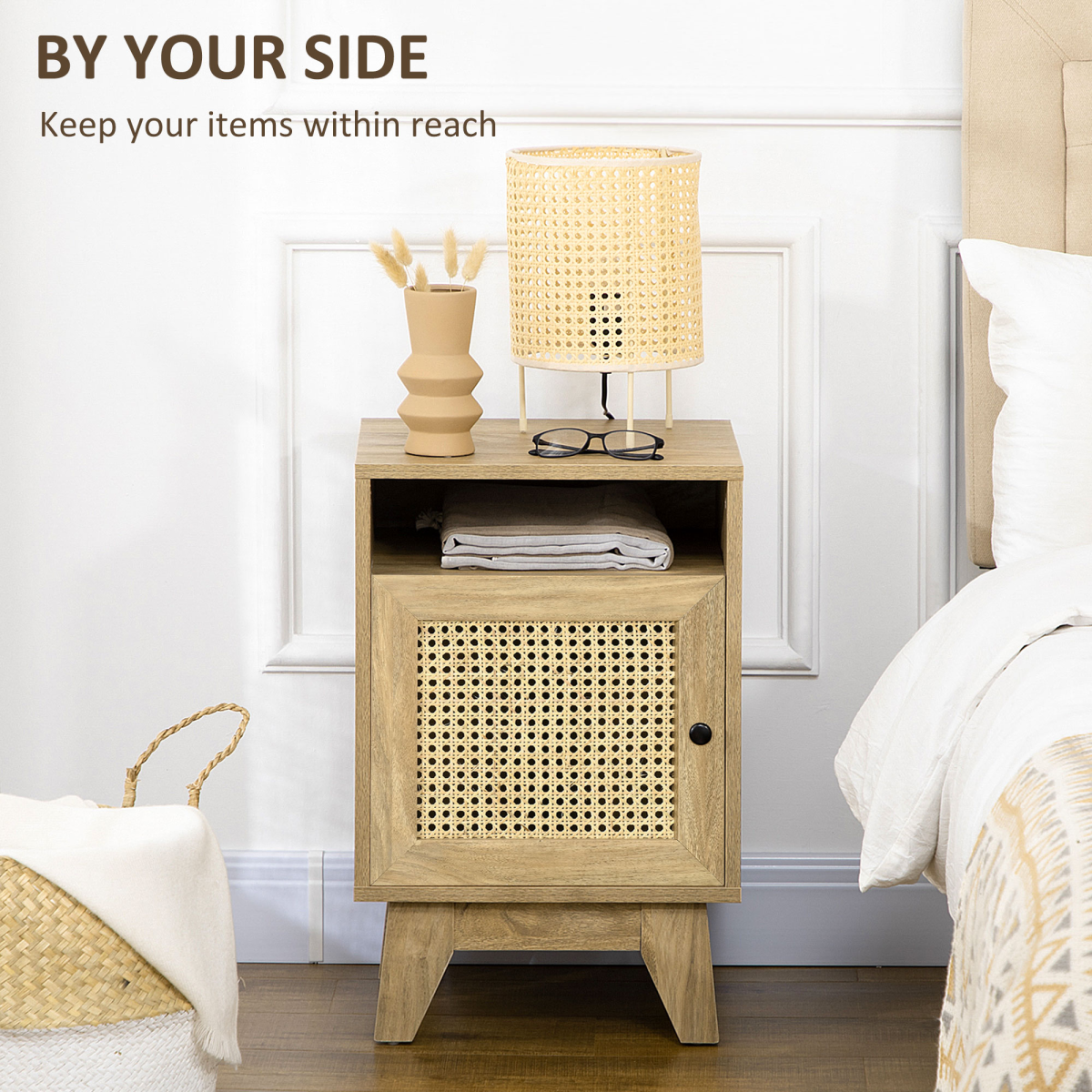 HOMCOM Bedside Table with Drawer and Shelf, Rattan Door Panel – Wood-Effect Nightstand, Anti-Tipping