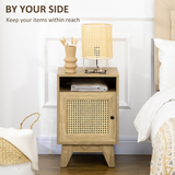 HOMCOM Bedside Table with Drawer and Shelf, Rattan Door Panel – Wood-Effect Nightstand, Anti-Tipping