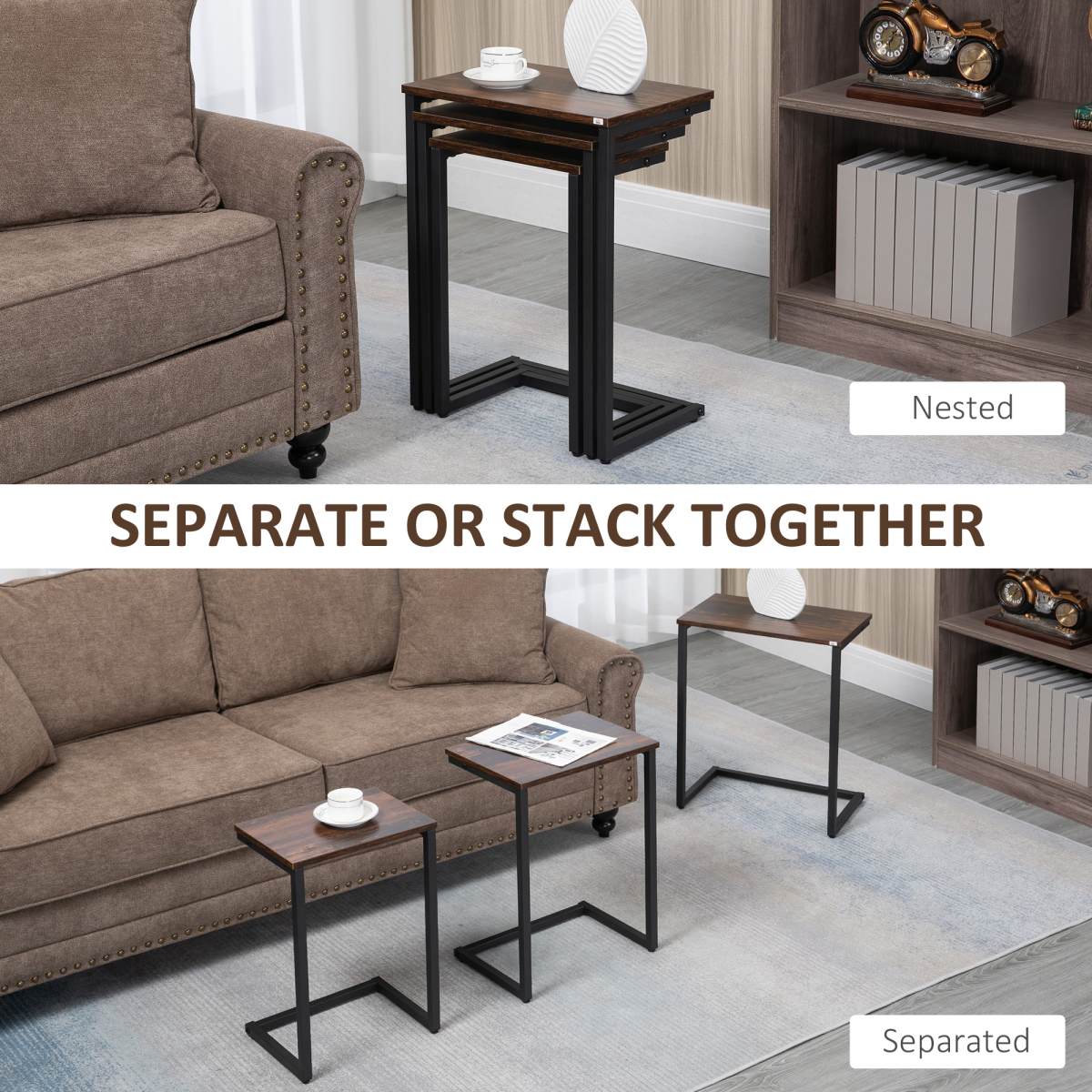 HOMCOM C-Shaped Nesting Tables Set of 3 with Steel Frame – Industrial Sofa Side Tables, Rustic Brown
