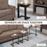 HOMCOM C-Shaped Nesting Tables Set of 3 with Steel Frame – Industrial Sofa Side Tables, Rustic Brown