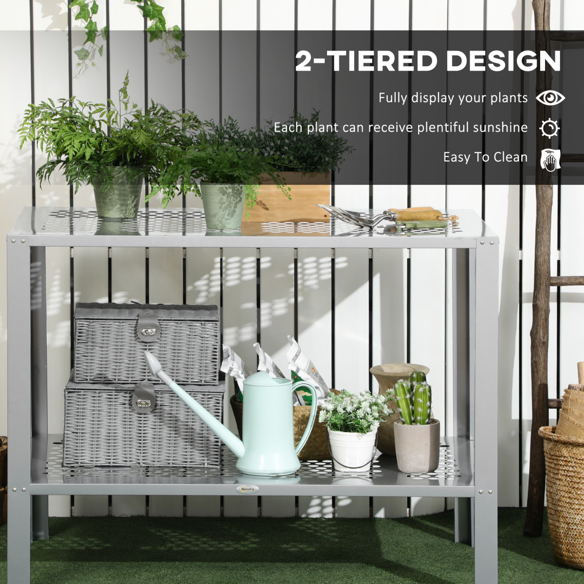 Outsunny 2-Tier Plant Stand with Cut-Out Shelves – Galvanised Steel Display Rack for Patio & Balcony