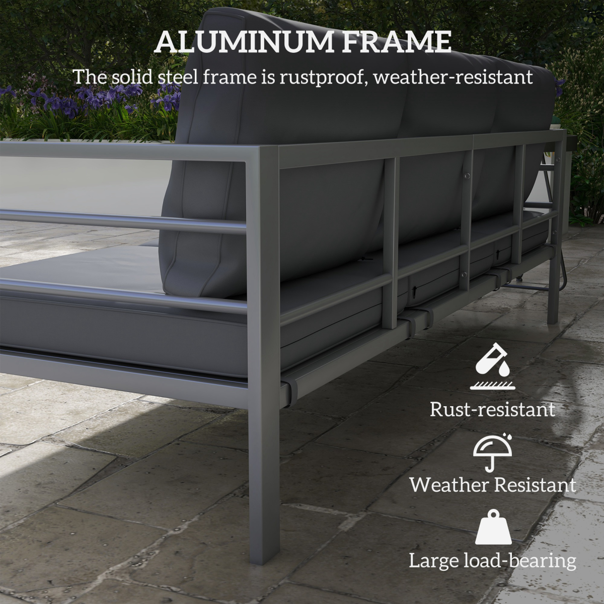 Outsunny 3-Seater Aluminium Garden Bench with Cushions, Armrests & Backrest – Patio Sofa, Grey