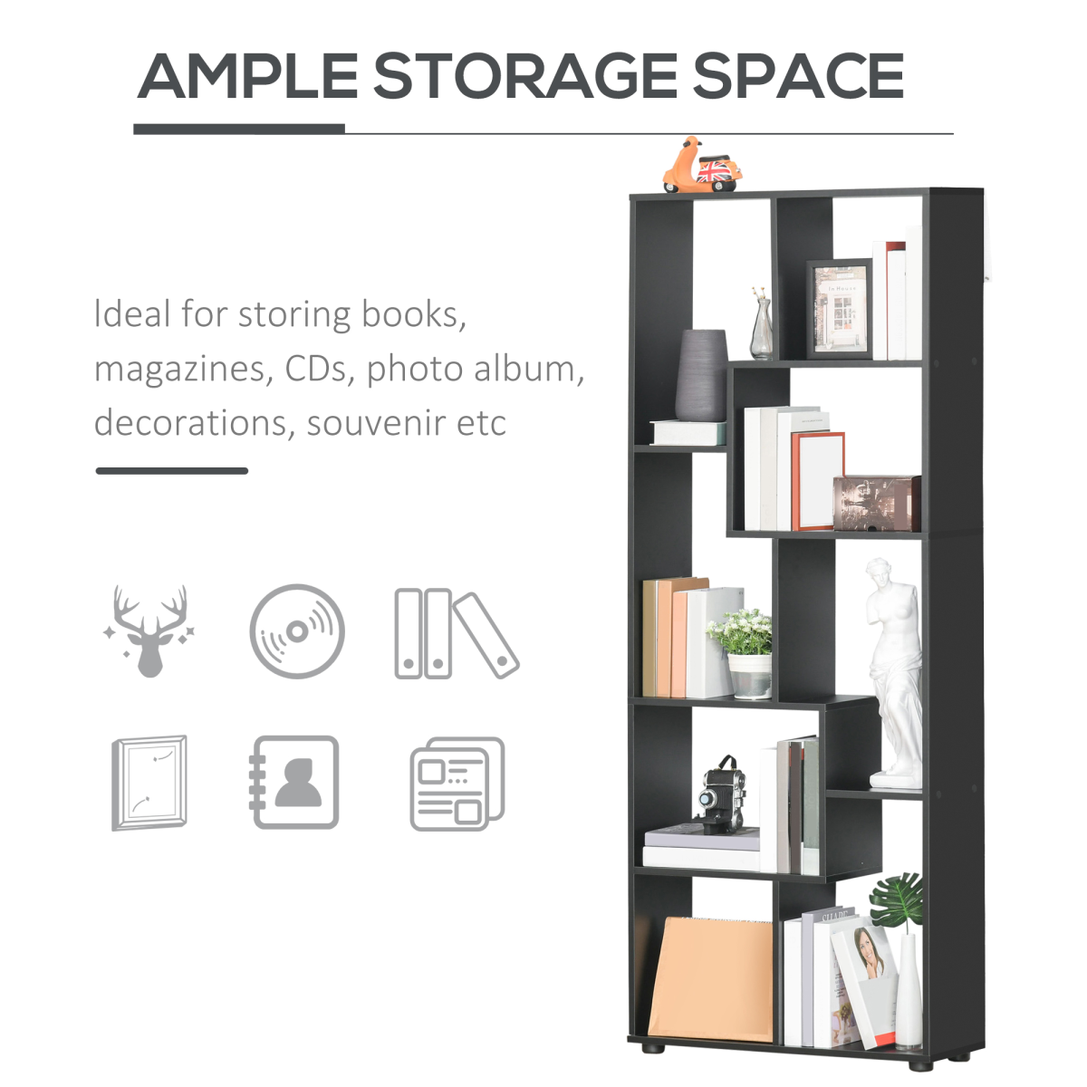 HOMCOM 178cm 8-Shelf Bookcase with Melamine Surface and Anti-Tipping Design – Multipurpose Storage, Black