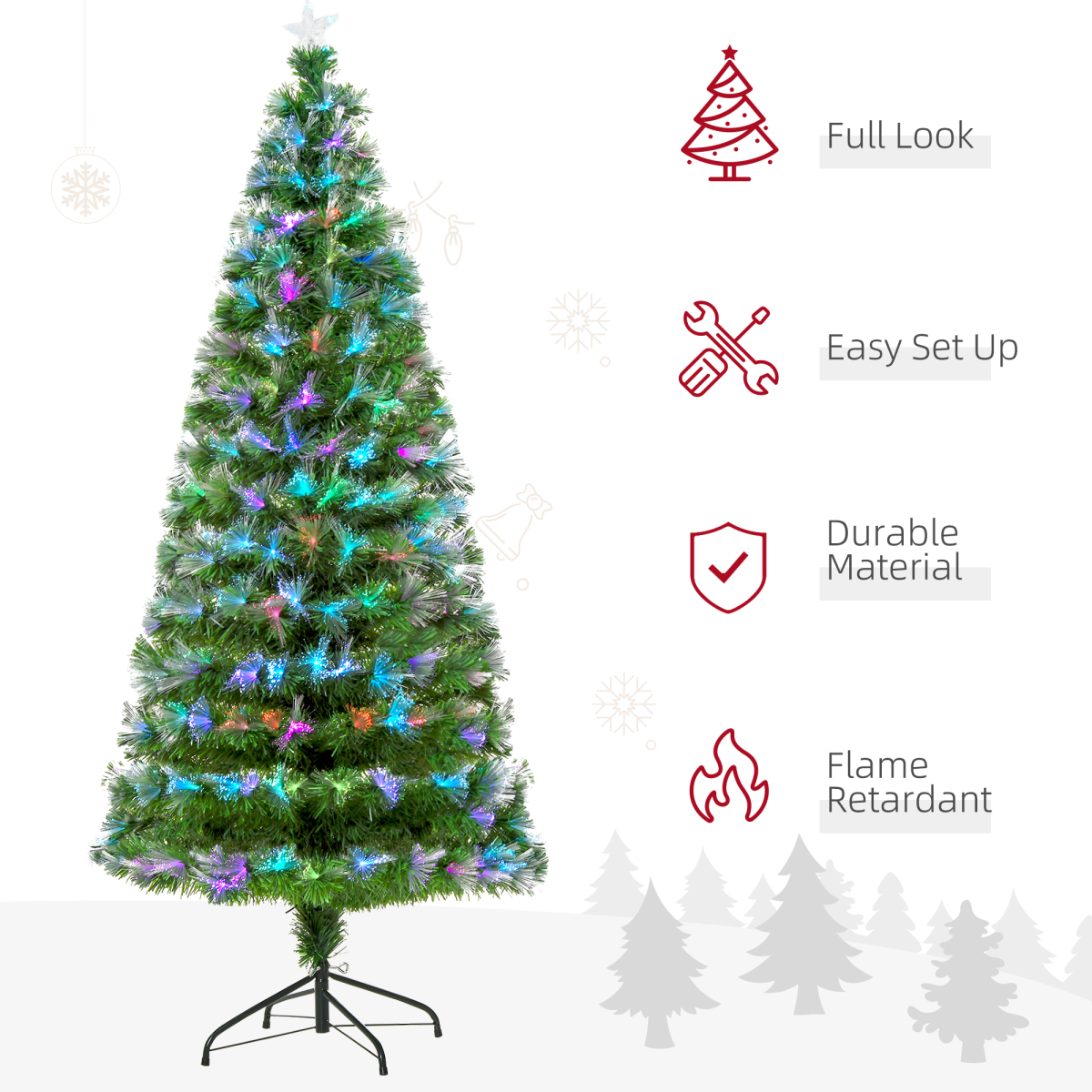 HOMCOM 6ft Multicoloured Artificial Christmas Tree with 230 Fibre Optic LED Lights and Star Holder – Metal Base