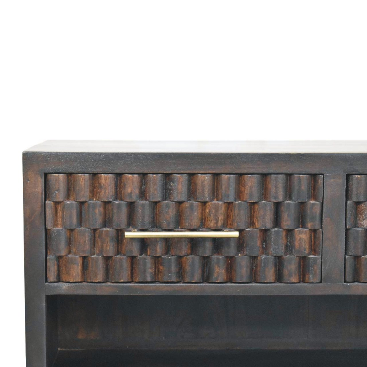Artisan Furniture Cadiz Carved Solid Mango Wood Shoe Storage Bench – 2 Drawers & 1 Shelf, Dark Brown