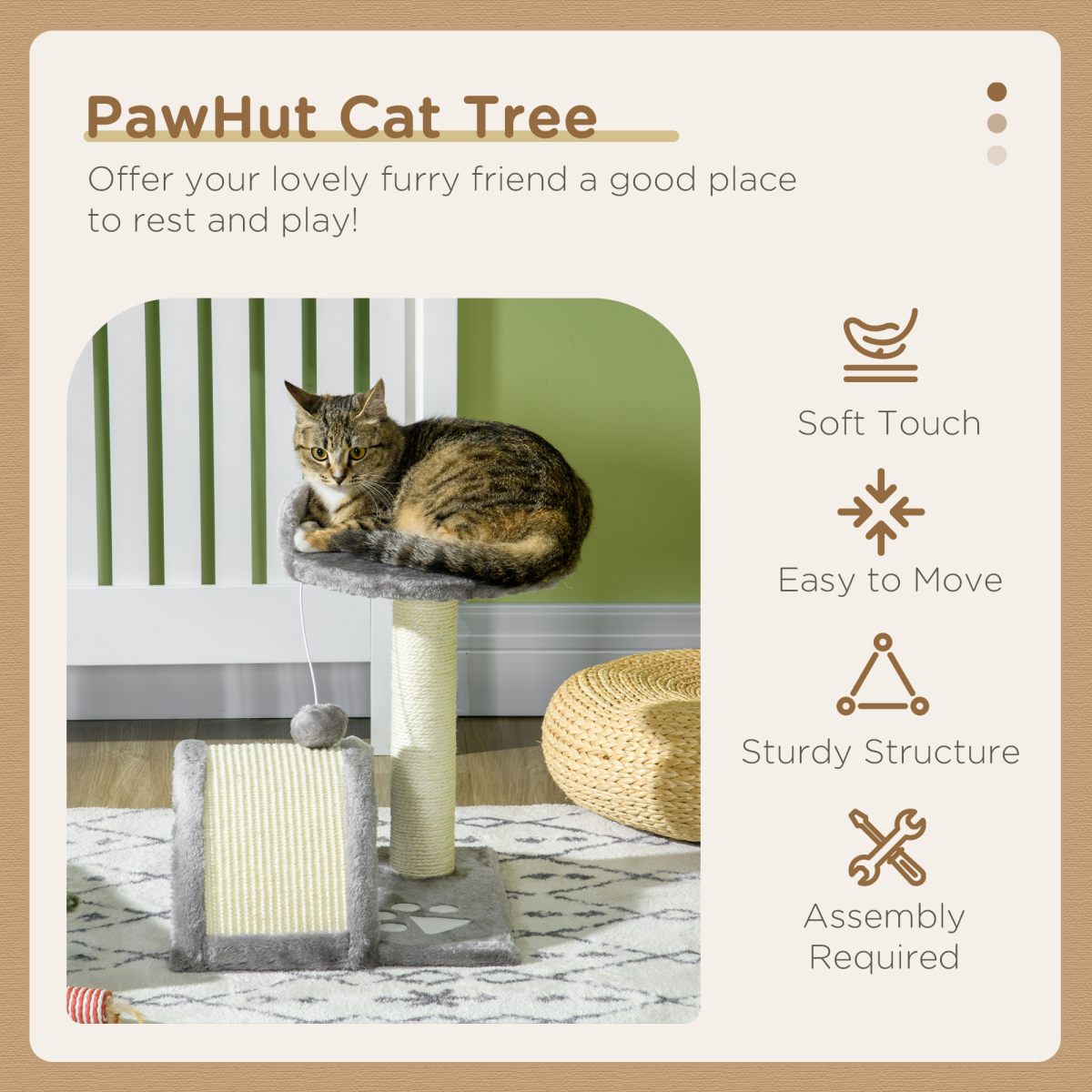 PawHut Cat Tree Kitten Activity Centre with Sisal Scratching Post, Paper Tube & Toy Ball – Beige and Grey