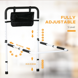 Adjustable Bed Assist Rail Grab Bar with Side Pocket & Foam Grip – Safety Handle for Flat-Frame Beds, White