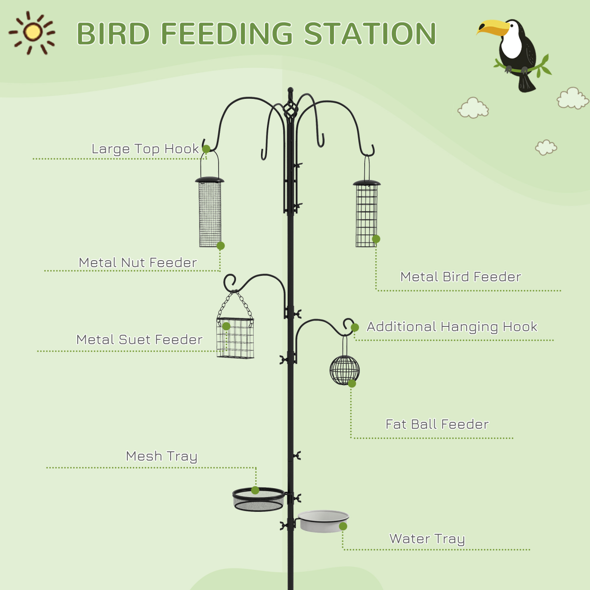 PawHut Bird Feeding Station Kit with 6 Hooks and 4 Hanging Feeders – Garden Wild Bird Feeder Pole