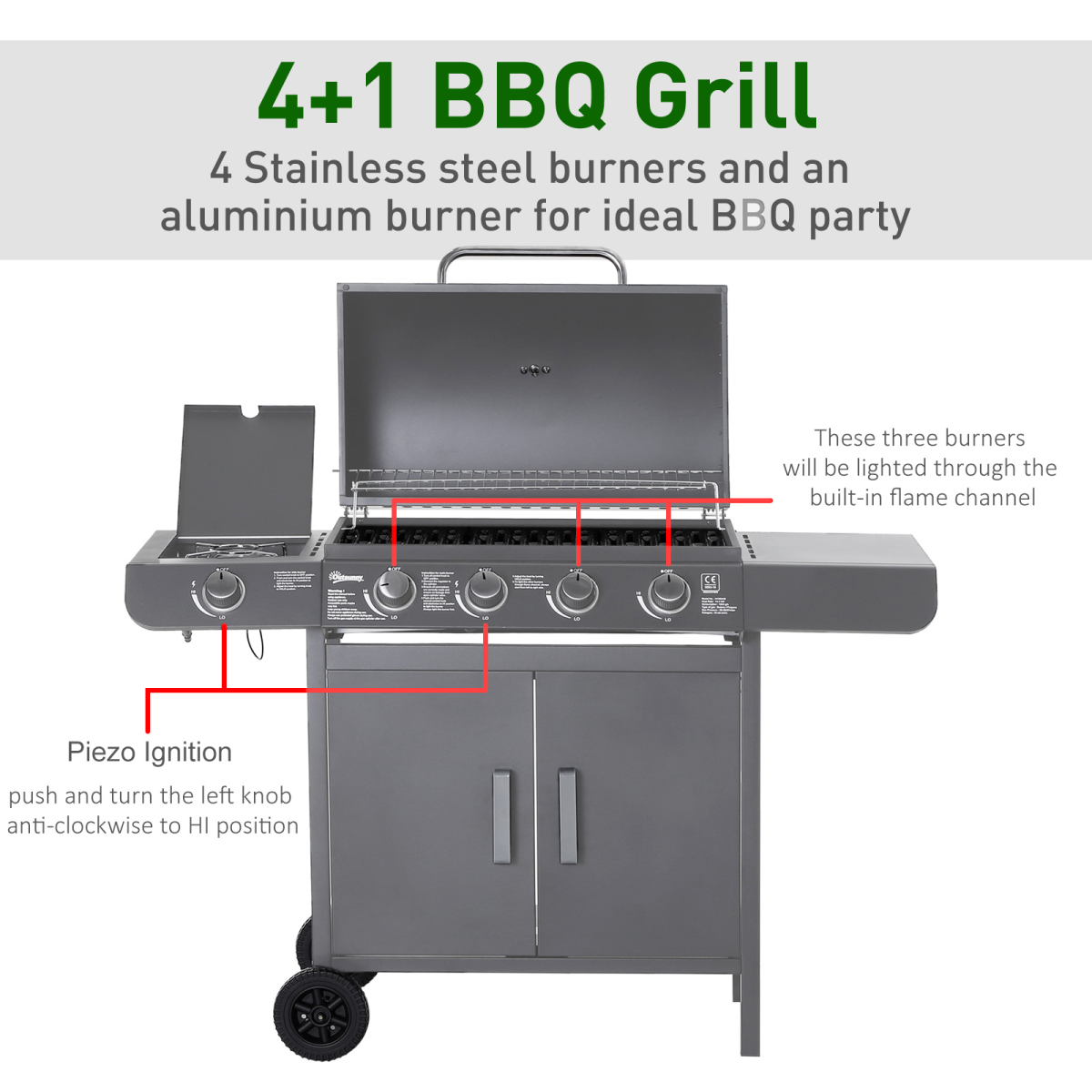 Outsunny 5-Burner Gas BBQ Grill with Stainless Steel Burners, Side Burner & Side Table – Outdoor Cooking, Grey