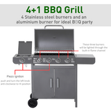Outsunny 5-Burner Gas BBQ Grill with Stainless Steel Burners, Side Burner & Side Table – Outdoor Cooking, Grey