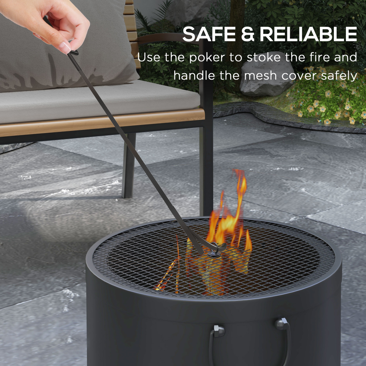 Outsunny 38cm Smokeless Wood-Burning Fire Pit with Lid and Poker – Portable Metal Patio Firepit, Grey