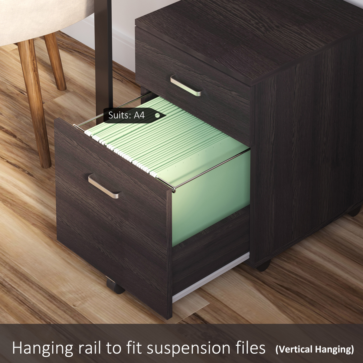 Vinsetto 2-Drawer Locking Mobile Filing Cabinet on 5 Wheels – Under-Desk Home Office Storage, Brown