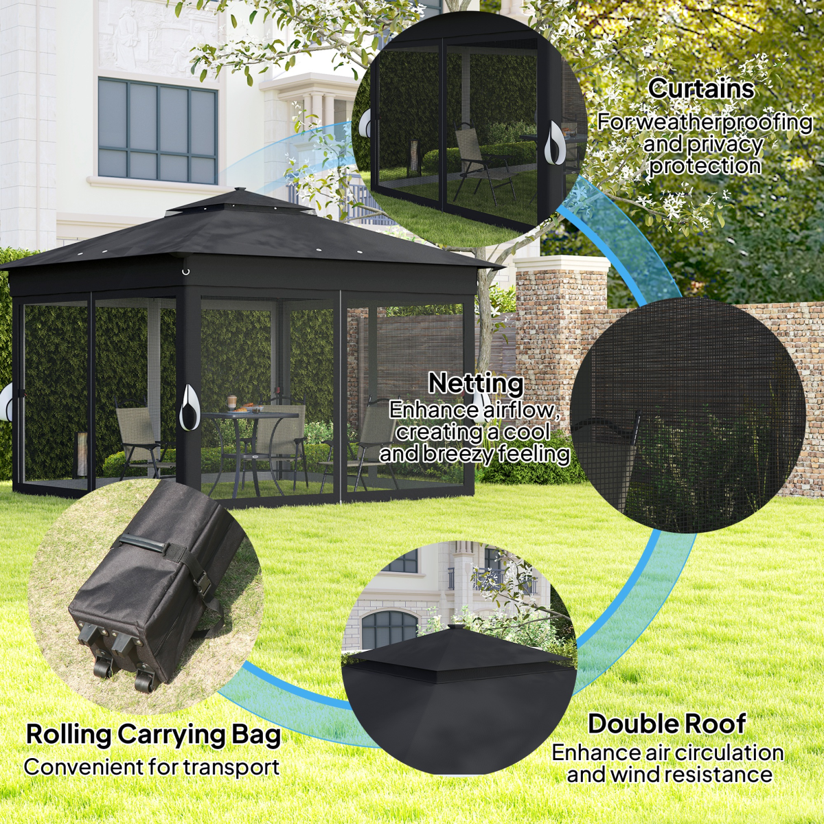 Outsunny 3x3m Pop-Up Gazebo with Solar LED Lights, Remote Control & Netting – Garden Party Shelter, Black