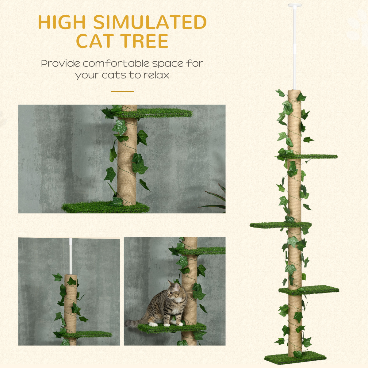 242cm Adjustable Floor-to-Ceiling Cat Tree with Jute Scratching Post and Anti-Slip Kit – Tall Cat Tower, Green
