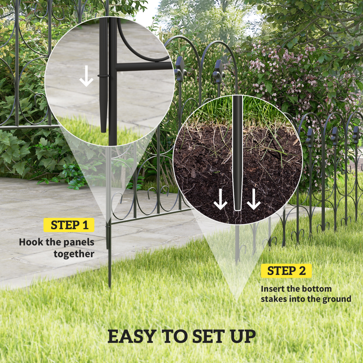 Outsunny 5-Piece Decorative Garden Fence Panels – Interlocking Metal Border Edging with Powder-Coated Finish
