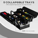 Folding Tool Box with 5 Collapsible Trays – Rust-Resistant Steel Organiser for Home and Workshop, Black