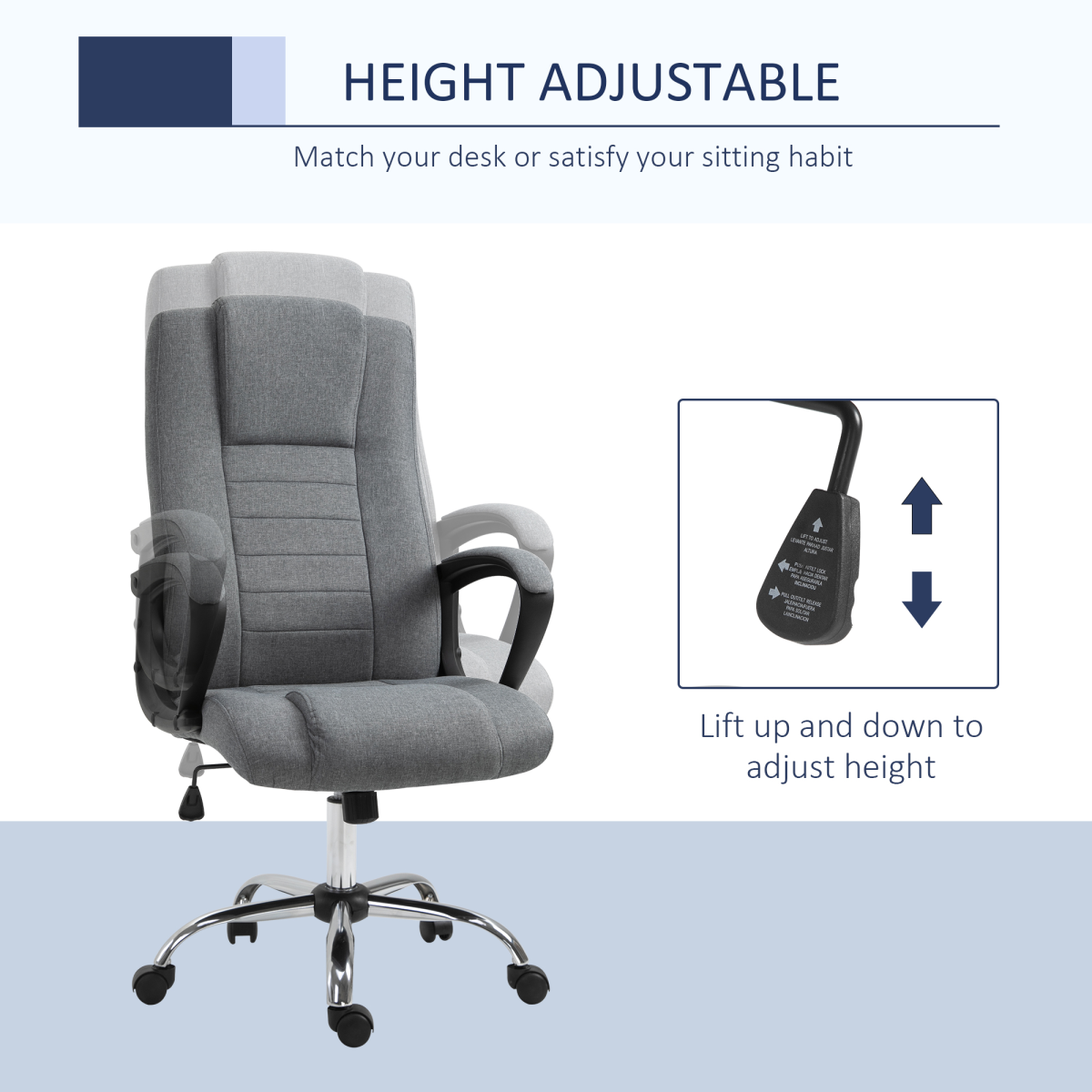 High Back Linen-Look Office Chair with Wide Seat & Rocking Function, Height Adjustable – Home Office Chair, Grey