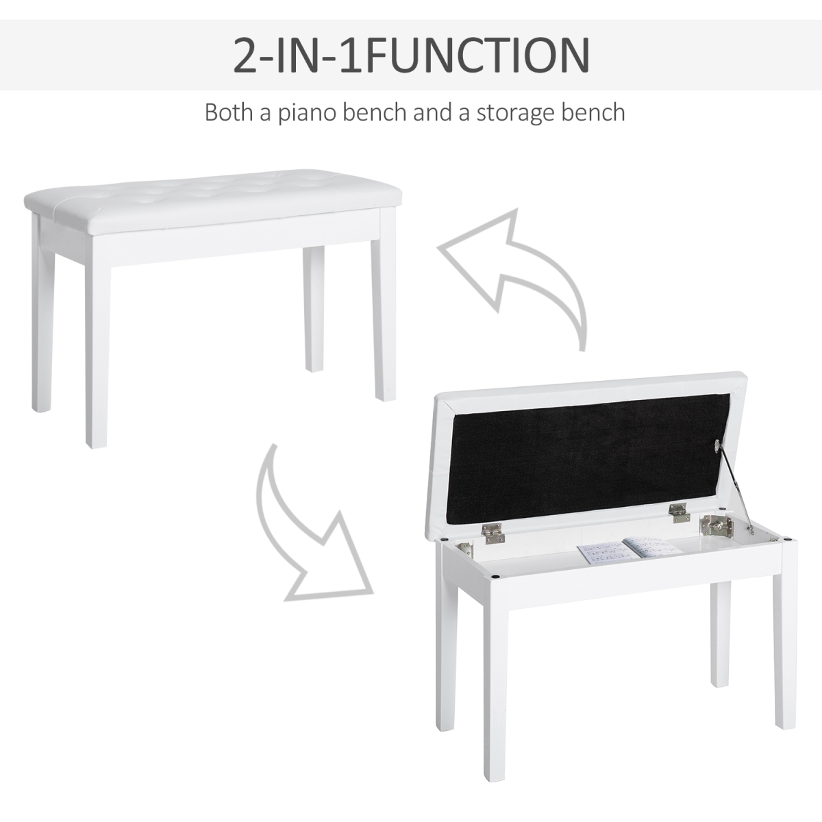 HOMCOM Piano Bench with Under-Seat Storage & Tufted Padded Seat – Solid Wood Double Stool, White