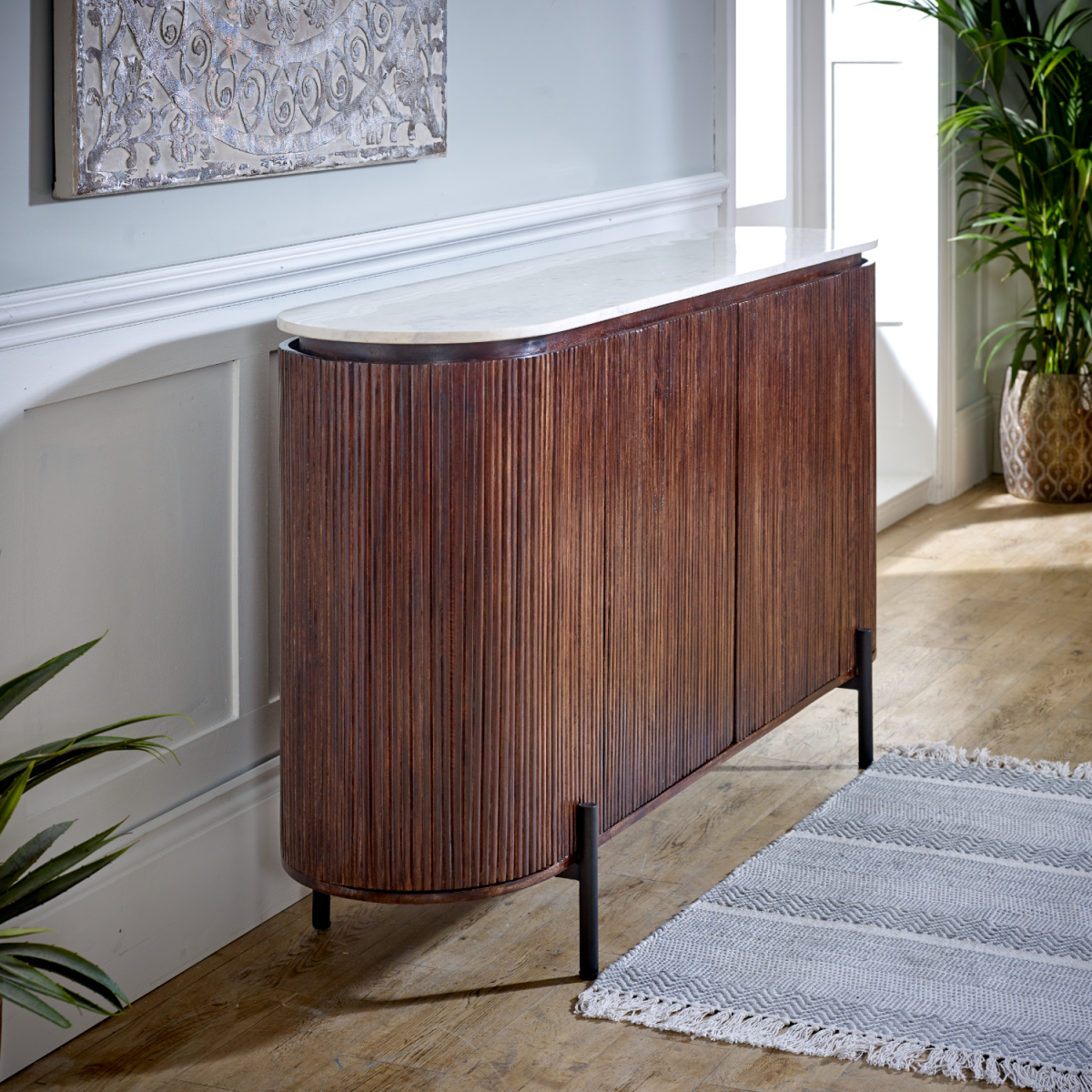 Opal Mango Wood Sideboard with Real Marble Top & Metal Legs – Handmade Dining & Living Room Storage