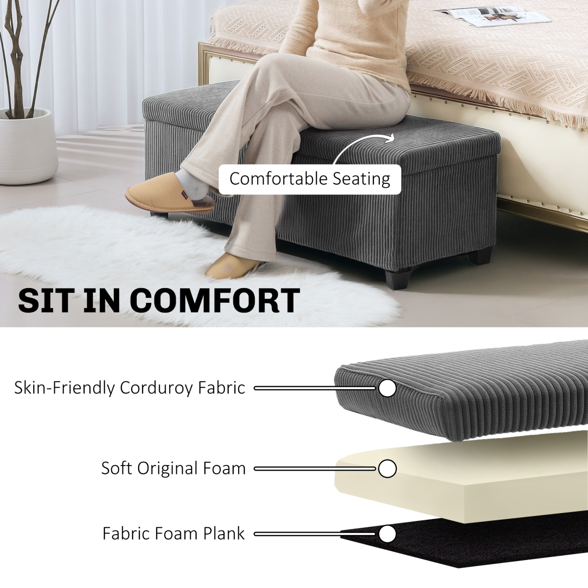 Storage Ottoman Bench with 84L Storage, Padded Seat & Steel Frame – Corduroy Upholstered Storage Bench, Grey