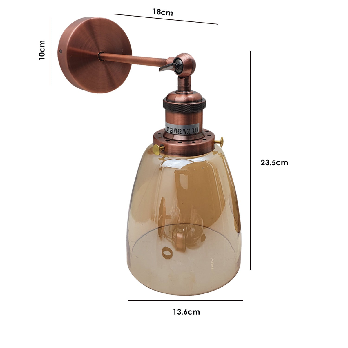 LEDSone Adjustable Amber Glass Wall Light with Copper-Plated Base – Modern Bell Wall Sconce, E27
