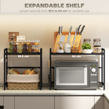 HOMCOM 2-Tier Expandable Microwave Oven Rack with 3 Hooks – Kitchen Worktop Storage Shelf, Black