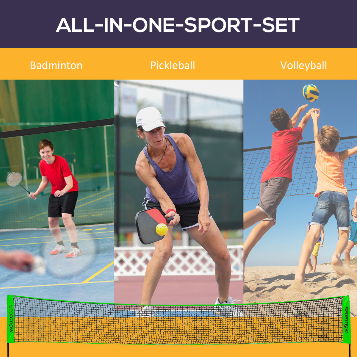 SPORTNOW Badminton Net Set with Height Adjustable Net, Rackets & Balls – Pickleball & Volleyball Garden Game