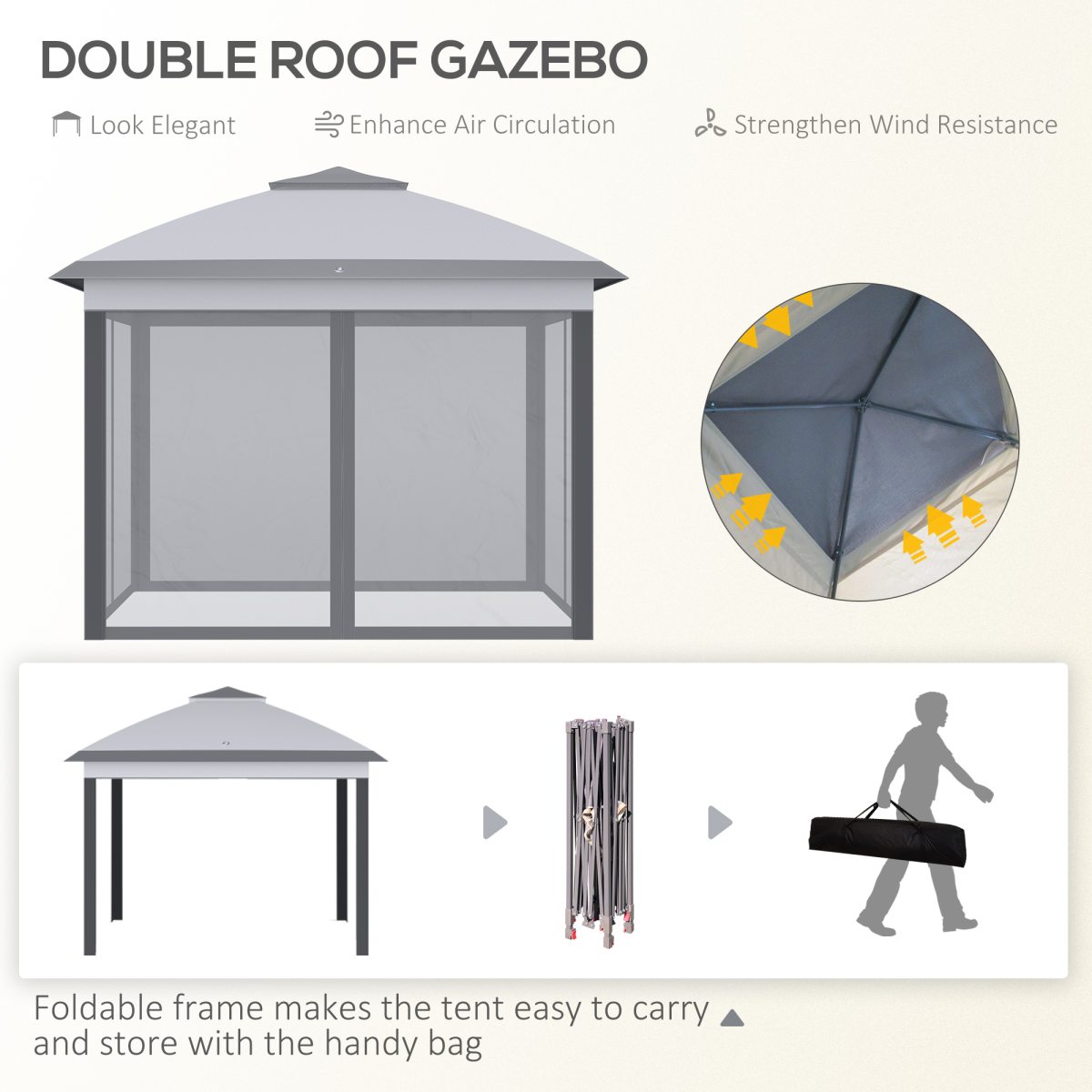 Outsunny Pop Up Gazebo with Two-Tier Roof, Mesh Sidewalls & Carrying Bag – Height Adjustable Canopy Tent, Grey