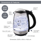 Quest 1.7L Fast Boil Clear Glass Kettle, 3kW – Carton of 6 for Offices and Lets