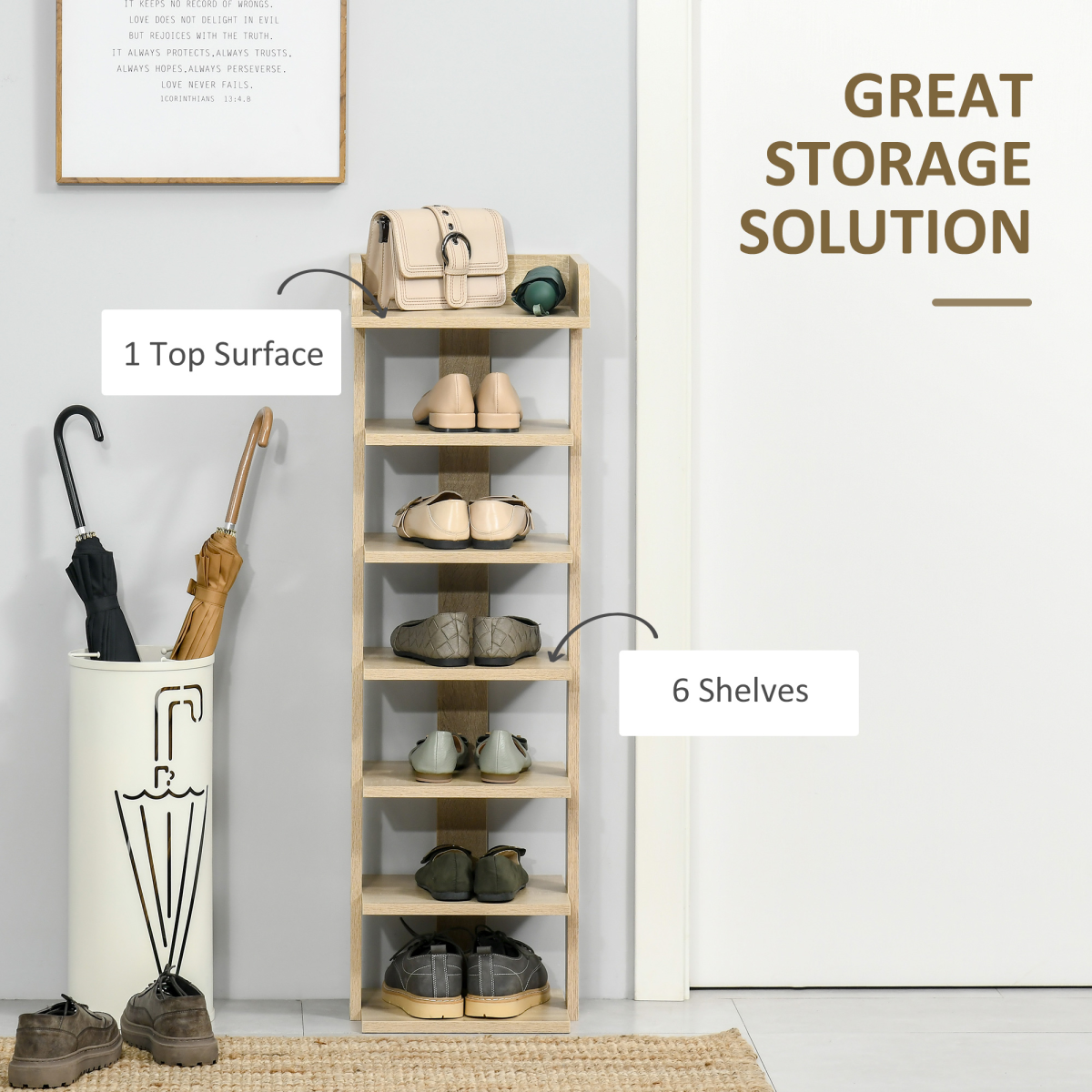 7-Tier Wooden Shoe Rack Display Shelf – Slim Vertical Hallway Storage, Oak