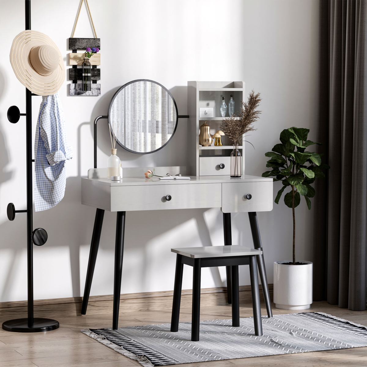 HOMCOM Dressing Table Set with 3 Drawers, Side Shelves, Mirror & Stool – Grey