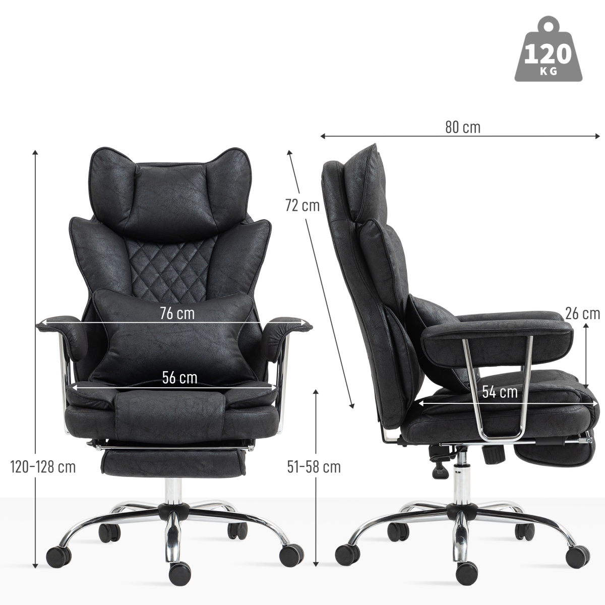 High Back Reclining Gaming Chair with Footrest & Lumbar Pillow – Leathaire Swivel Computer Chair, Black
