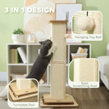 PawHut 87cm Cat Scratching Post 3-in-1 with Sisal Cover, Turntable Rail & Track Ball Toy – Oak