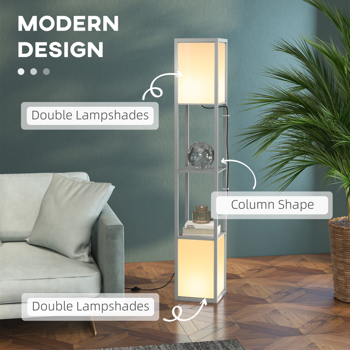 HOMCOM Shelf Floor Lamp with Dual Light, for Living Room, Bedroom, Black