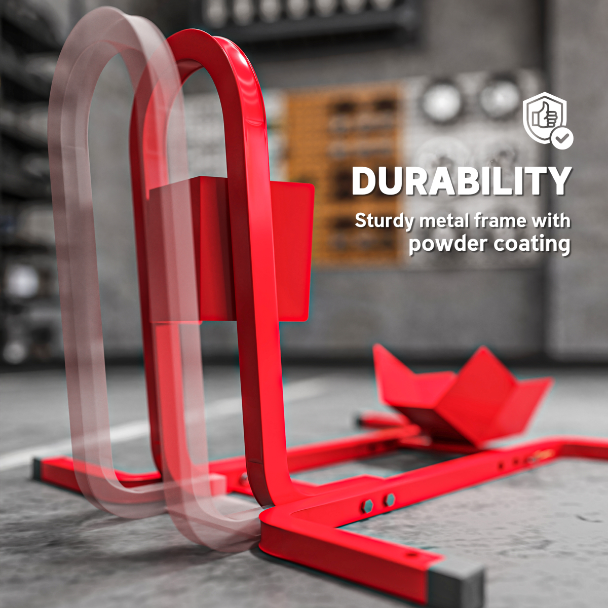 HOMCOM Adjustable Motorcycle Wheel Chock with Metal Frame – Free-Standing Motorbike Front Wheel Holder, 250kg, Red