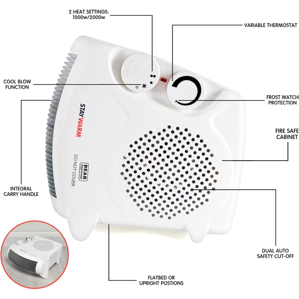 StayWarm 2000W Upright / Flatbed Fan Heater with Variable Thermostat, Cool Blow & Frost Watch – Portable Heater