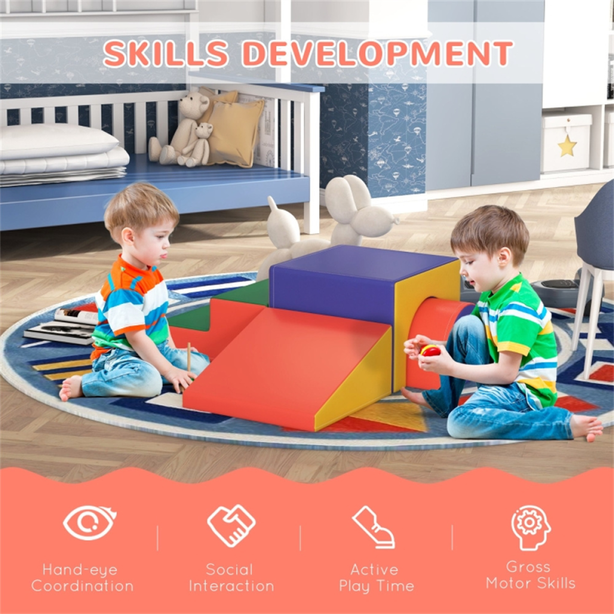Kids 2-Piece Soft Play Set with Stairs, Ramp, Tunnel & Cuboid – Foam Climbing & Crawling Toy, Ages 1–3