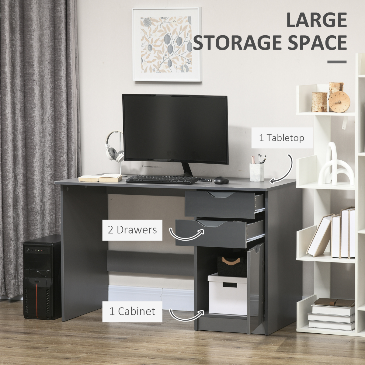 HOMCOM Computer Desk with 3 Drawers – Home Office Workstation with High Gloss Finish, Grey