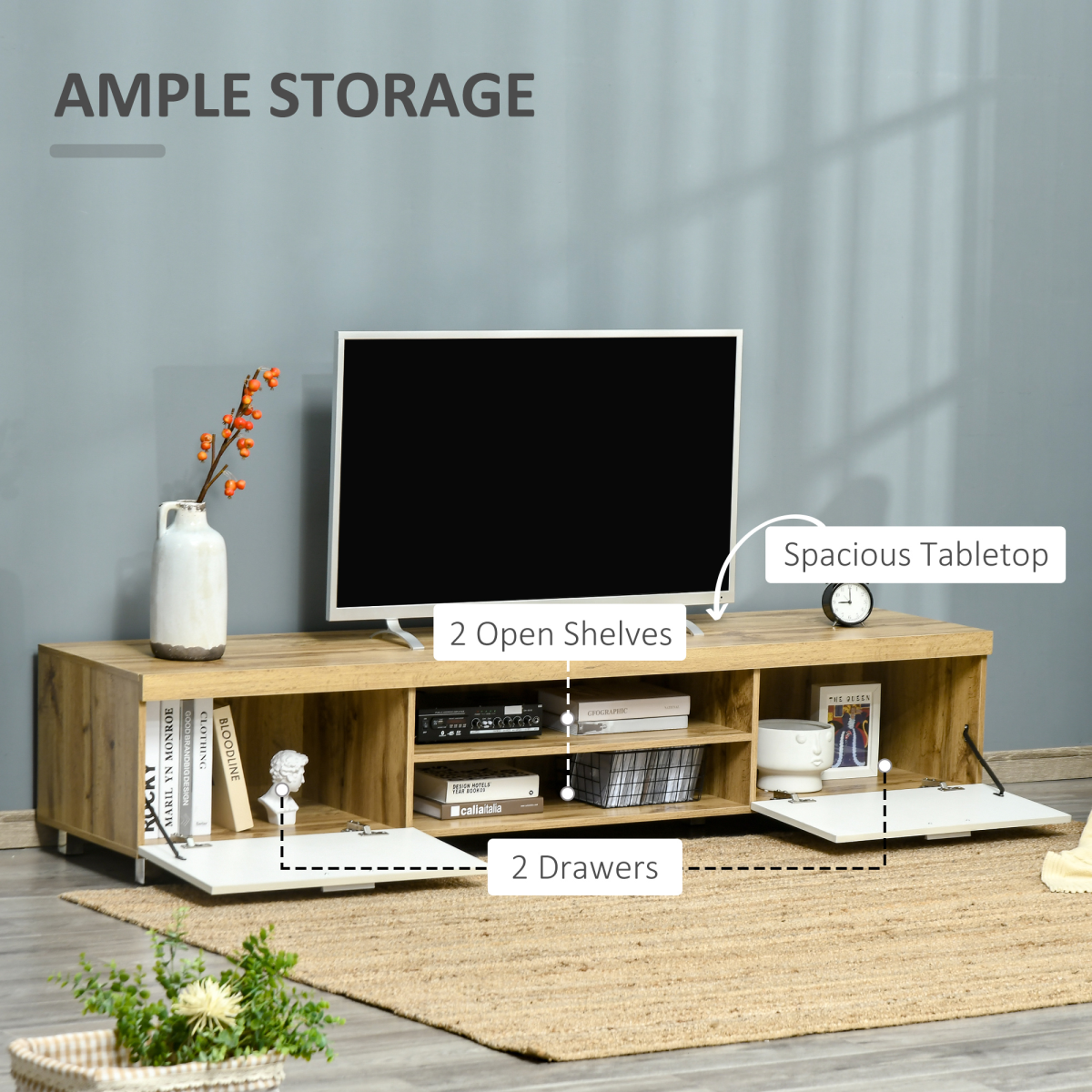 HOMCOM Modern TV Unit with Enclosed Cabinet & Open Shelf – Living Room Media Storage, Light Brown