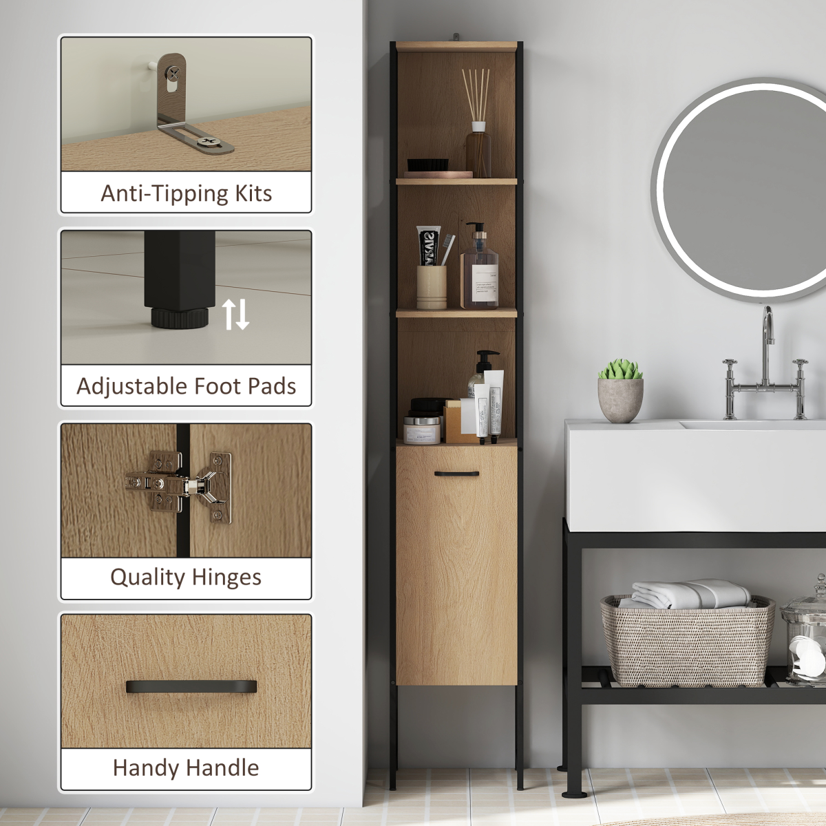 White Bathroom Storage Cabinet with Open & Closed Compartments – Adjustable Shelf, Freestanding Organiser