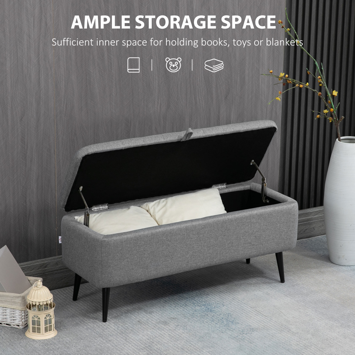 HOMCOM Linen Fabric Storage Ottoman Bench with Steel Legs – Footstool & Seat, Grey