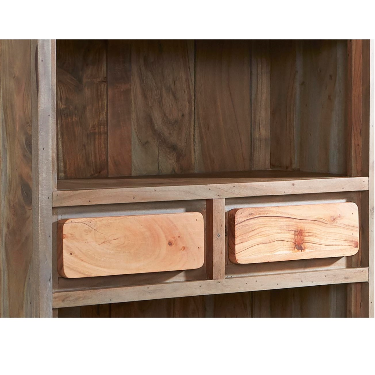 Aspen Large Industrial Bookcase in Solid Hardwood & Reclaimed Metal – Retro Two-Tone Shelving with Drawers