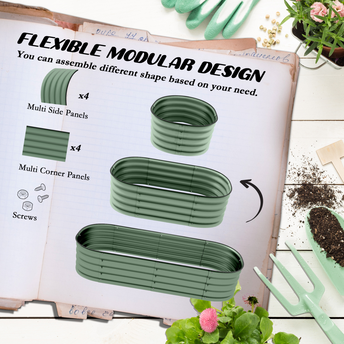 Outsunny Galvanised Steel Raised Garden Bed with Safety Edging – Changes Between Round, Oval and Oblong, Green