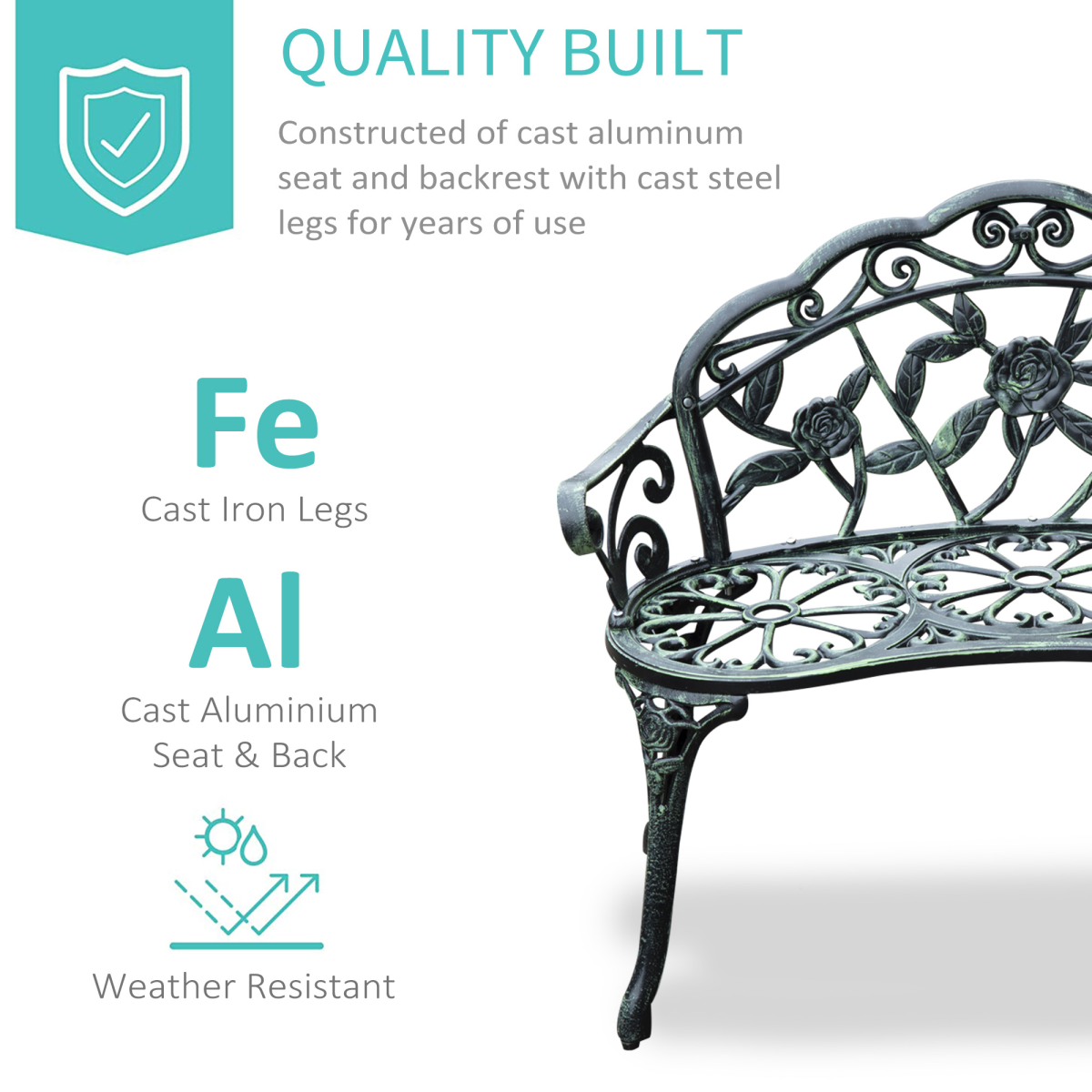 Outsunny Cast Aluminium Garden Bench with Rose Pattern & Curved Seat – Antique Verdigris Patio Chair